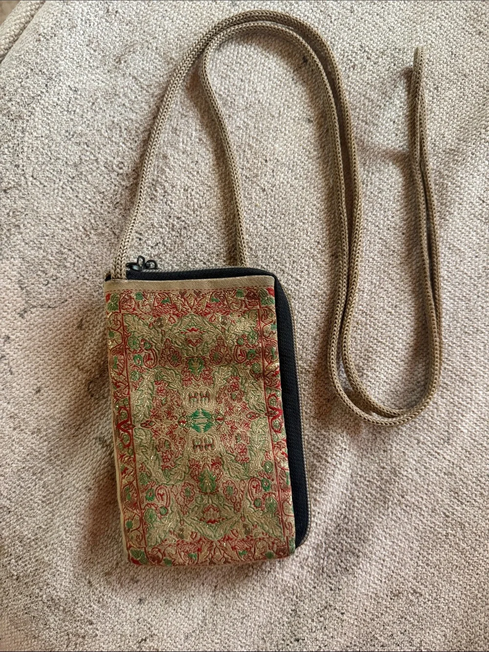 Woven metallic India Crossbody phone pouch in gold Red & Green
